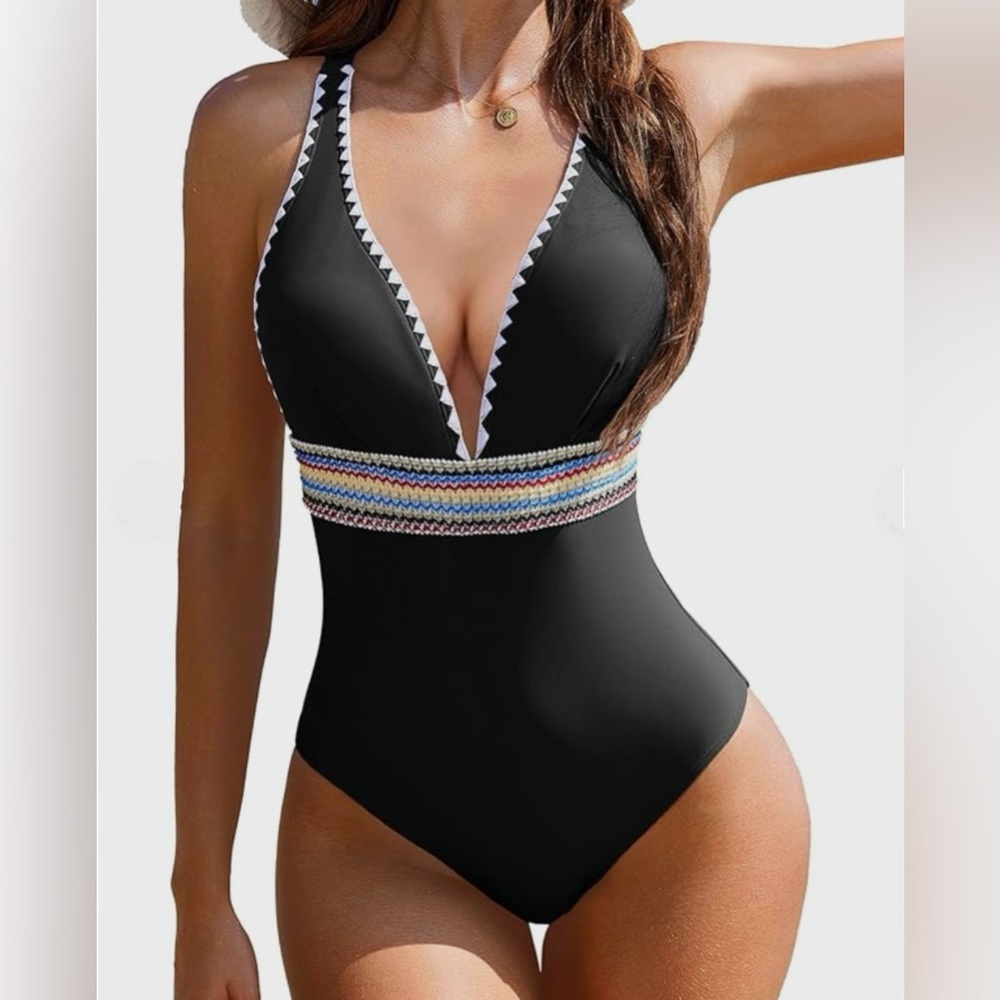 Black One Piece Swimsuit with Colorful Trim